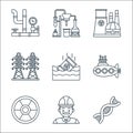 nuclear energy line icons. linear set. quality vector line set such as dna, engineer, radioactive, submarine, toxic, electricity,