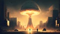 Nuclear explosion, atomic bomb in the city. War and apocalypse concept. Mushroom cloud in the sky. Generative AI Royalty Free Stock Photo