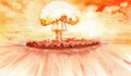 Nuclear explosion and atomic mushroom with shock wave in yellow and orange colores. Hand drawn watercolors on paper textures