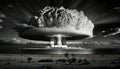 Nuclear explosion in black and white. Nuke bomb mushroom radioactive cloud. Generative AI