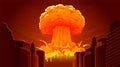 Nuclear explosion bomb. Radioactive apocalypse cloud mushroom in city. Cartoon atomic nuke blast, fiery burning