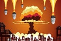 Nuclear explosion bright orange fiery mushroom cloud cap in city Royalty Free Stock Photo