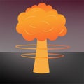 Nuclear explosion brightly fiery mushroom clouds cap in downtown city or desert.Flat cartoon poster abstract vector
