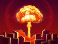 Nuclear explosion in city. Atomic bombing, bomb explosion fiery mushroom cloud and war destruction cartoon vector