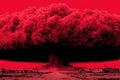 Nuclear explosion creating a massive mushroom cloud, surrounded by a desolate landscape, with vibrant red skies, illustrating the Royalty Free Stock Photo