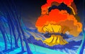 Nuclear explosion in the mountain landscape. Blast wave. Huge volumes of smoke and sparks of fire. Colorful scenery background.