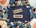 Nuclear fission symbol. Concept words Nuclear fission on beautiful wooden blocks. Sea shell stone. Beautiful black table black Royalty Free Stock Photo