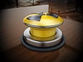 Nuclear launch button on reflective wooden table.. 3D illustration Royalty Free Stock Photo