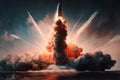 Nuclear missile launch, weapon in ocean. Concept military conflict, war,