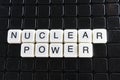 Nuclear power control text word title caption label cover backdrop background. Alphabet letter toy blocks on black reflective back Royalty Free Stock Photo