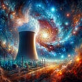 Nuclear power plant with smoke and fire in the sky. 3D rendering, generative ai Royalty Free Stock Photo