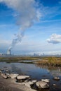 Nuclear power plant blue sky clouds harbor Royalty Free Stock Photo