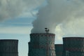 Nuclear Power Plant Chimney tower with smoke or vapor, power industry concept