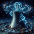 Nuclear power plant in the city at night, 3d illustration, generative ai