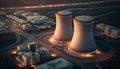 Nuclear power plant and cooling towers. Aerial view the plant producing electrical energy with large cooling towers. generative ai Royalty Free Stock Photo