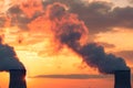 Nuclear power plant cooling towers sunset Royalty Free Stock Photo