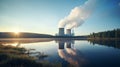 Nuclear power plant at dawn with misty surroundings