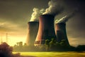 nuclear power plant emissions, climate warming and environmental pollution problems. Green nuclear energy or the danger of Royalty Free Stock Photo