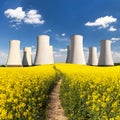 Nuclear power plant, field of rapeseed, canola or colza Royalty Free Stock Photo