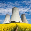 Nuclear power plant and field of rapeseed Royalty Free Stock Photo