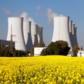 Nuclear power plant and field of rapeseed Royalty Free Stock Photo