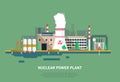 Nuclear power plant in a flat style. Cooler, power unit, office building and other elements of the power plant.