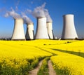 Nuclear power plant with flowering field of rapeseed Royalty Free Stock Photo