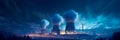 Nuclear Power Plant at Night illuminated at night, with lights on the structures and cooling towers. Generative AI Royalty Free Stock Photo