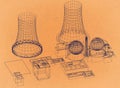 Nuclear Power Plant - Reactor - Retro Architect Blueprint Royalty Free Stock Photo