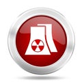 Nuclear power plant red glossy vector icon, industry concept silver metallic round web button Royalty Free Stock Photo