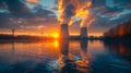Nuclear power plant in Rotterdam, Netherlands at sunset, GenerativeAI