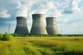 Nuclear power plant and scenic landscape with fields and blue sky