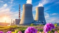 Nuclear power plant and scenic landscape with lush green fields and beautiful horizon view