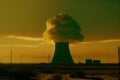 Nuclear power plant at sunset, close-up of a cloud, Generative AI