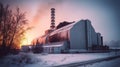 Nuclear power plant after sunset. Dusk landscape with big chimneys. cooling towers, power station Royalty Free Stock Photo