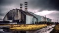 Nuclear power plant after sunset. Dusk landscape with big chimneys. cooling towers, power station Royalty Free Stock Photo