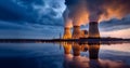 Nuclear power plant after sunset. Dusk landscape with big chimneys. cooling towers, power station Royalty Free Stock Photo