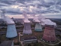 Nuclear power plant after sunset. Dusk landscape with big chimneys Royalty Free Stock Photo