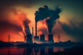 Nuclear power plant at sunset Generate electricity. Dusk, Nuclear chimneys smoke. Pollute air. Royalty Free Stock Photo