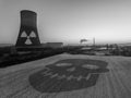 Nuclear power plant sunset sunrise black white Radiation soil environment Royalty Free Stock Photo