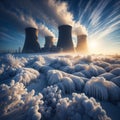 Nuclear power plant Temelin in Czech republic covered with hoarfrost, generative ai
