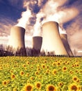 Nuclear power plant Temelin with sunflower field, Czech Republic