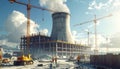 Nuclear Power Plant Construction Site with Cranes and Cooling Tower Royalty Free Stock Photo