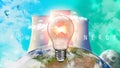A light bulb powered by nuclear energy. Nuclear energy, nuclear power plant, sustainable energy source concept. Royalty Free Stock Photo