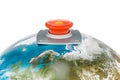 Nuclear red button on the Earth Globe. Global Nuclear Threat concept. 3D rendering