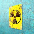 Nuclear site, sign hanging on a blue wall. Indication of the presence of a radioactive area