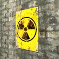 Nuclear site, sign hanging on a brick wall. Indication of the presence of a radioactive area