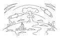 Nuclear war hand-drawn sketch. Nuclear weapons. Bombs of a rocket fly over the planet. Hand drawn vector stock