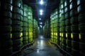 nuclear waste storage barrels stacked in a secure area