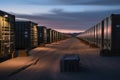 nuclear waste storage facility, with rows of metal containers and heavy security